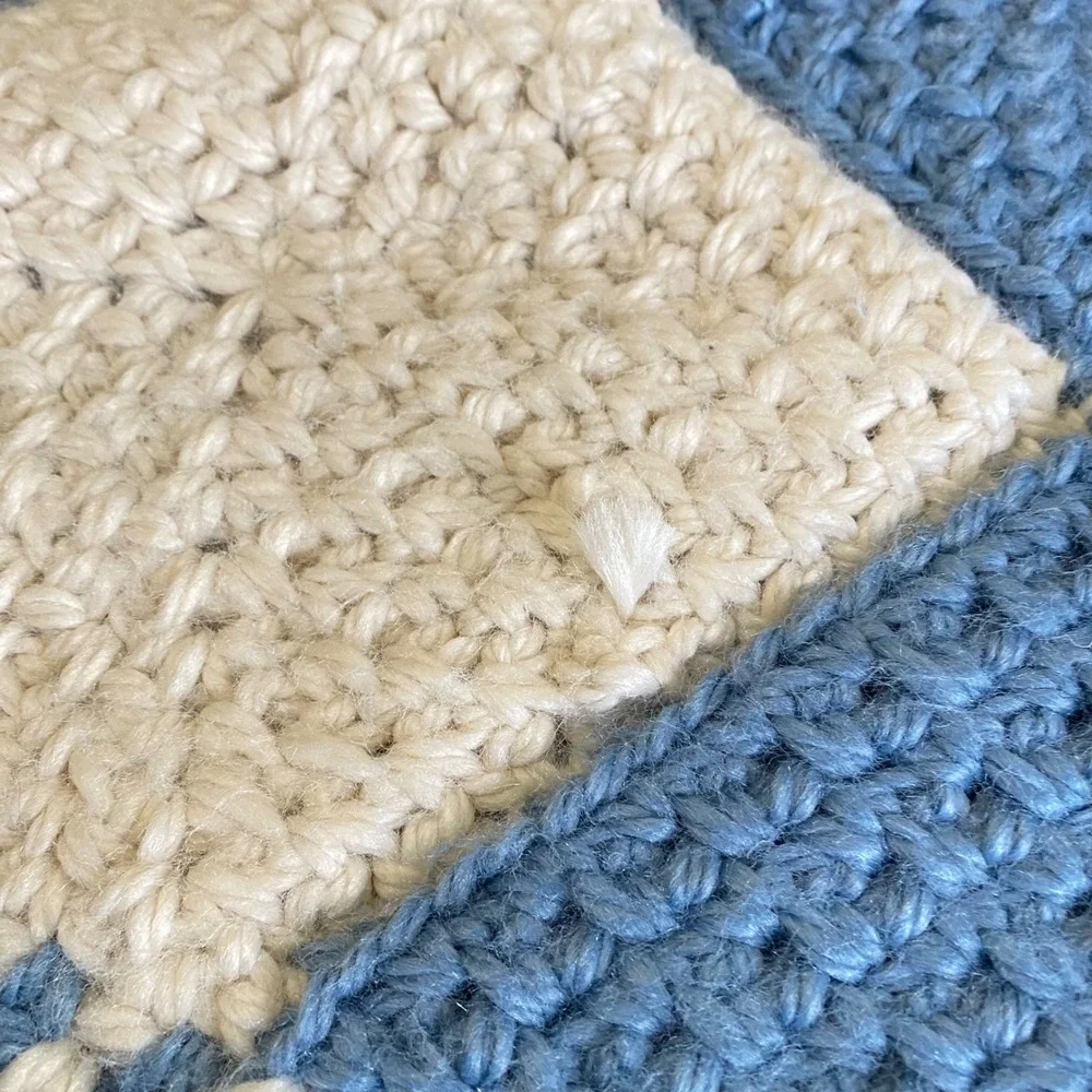 Vintage Handmade‎ Crochet Baby Blanket Blue Cream Checkered Super Soft 40x32